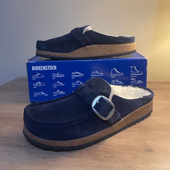 Suede Birkenstock Buckley Shearling in Navy Blue with Silver Hardware - Picture 13 of 15